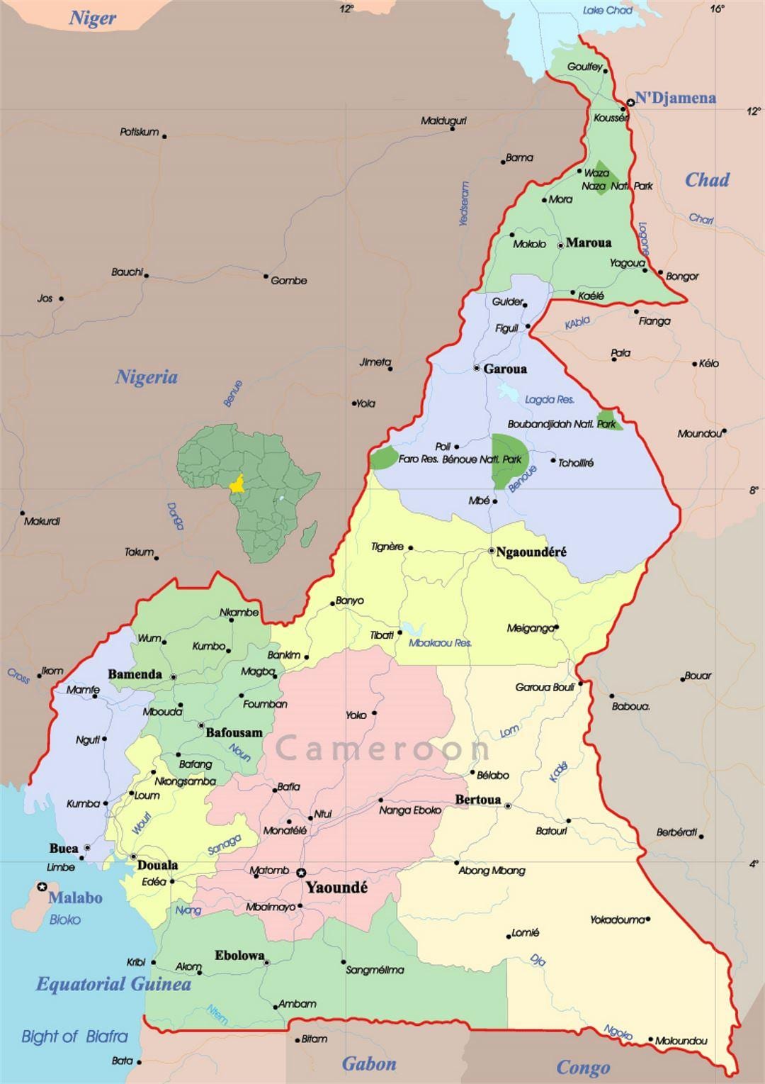 Camerun mappa con le città