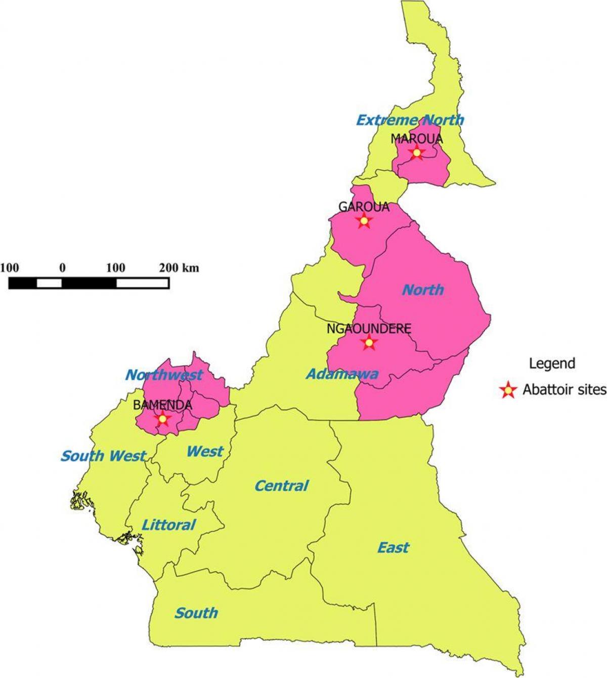 Camerun mostrando regioni mappa